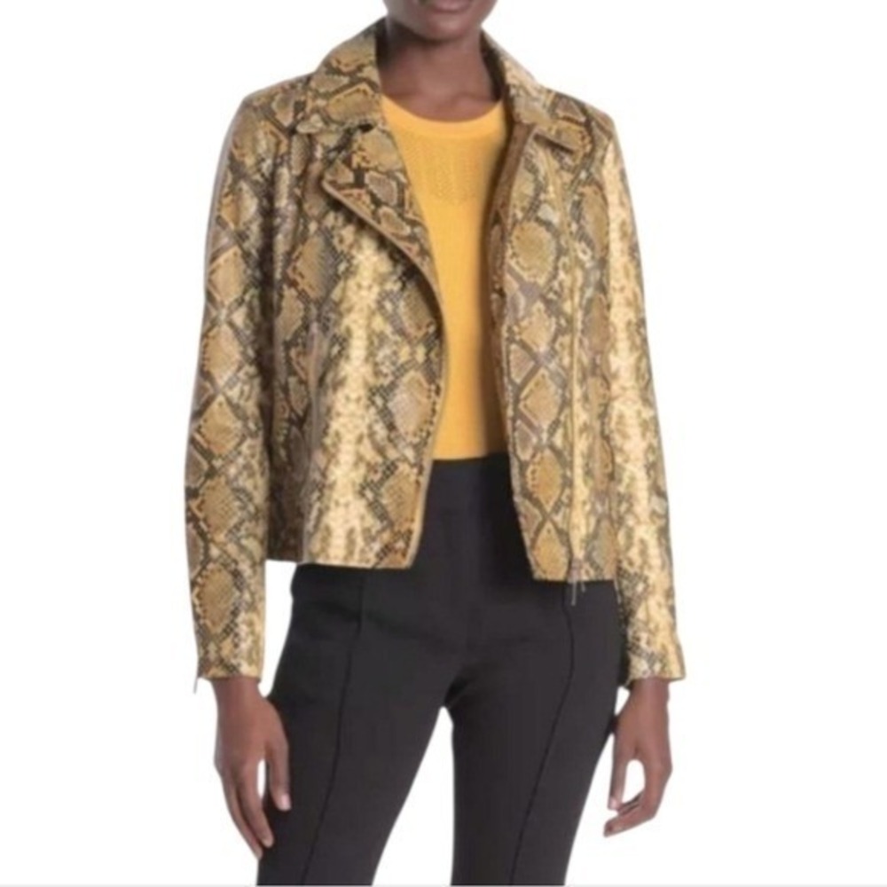 Tahari Yellow Black Snake Vegan Leather Moto Biker Jacket Notched Collar Med